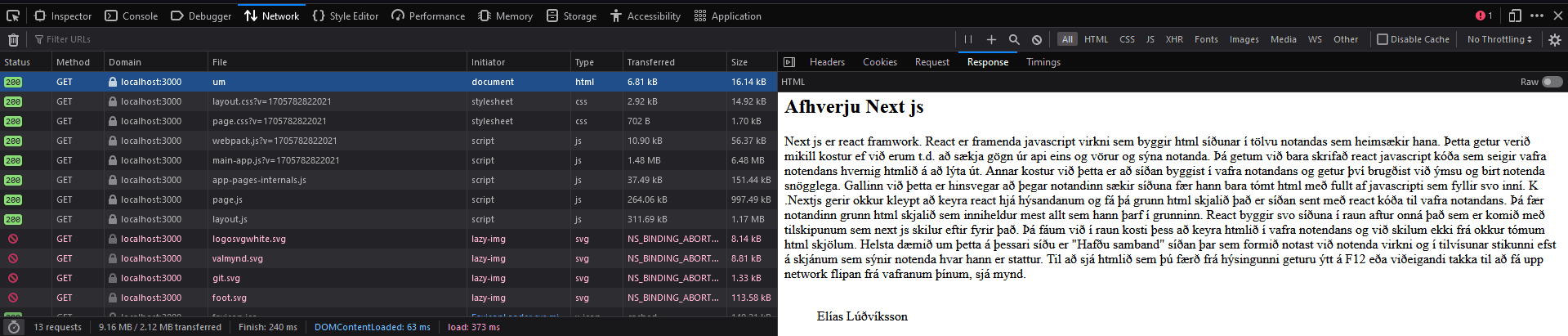 mynd sem sýnir hrátt html sem kom þegar síðan var fyrst sótt